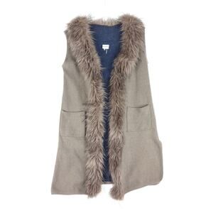 Sioni Studio Women's S/M Faux Fur Trim Long Sweater Vest Open‎ Coat +Pockets